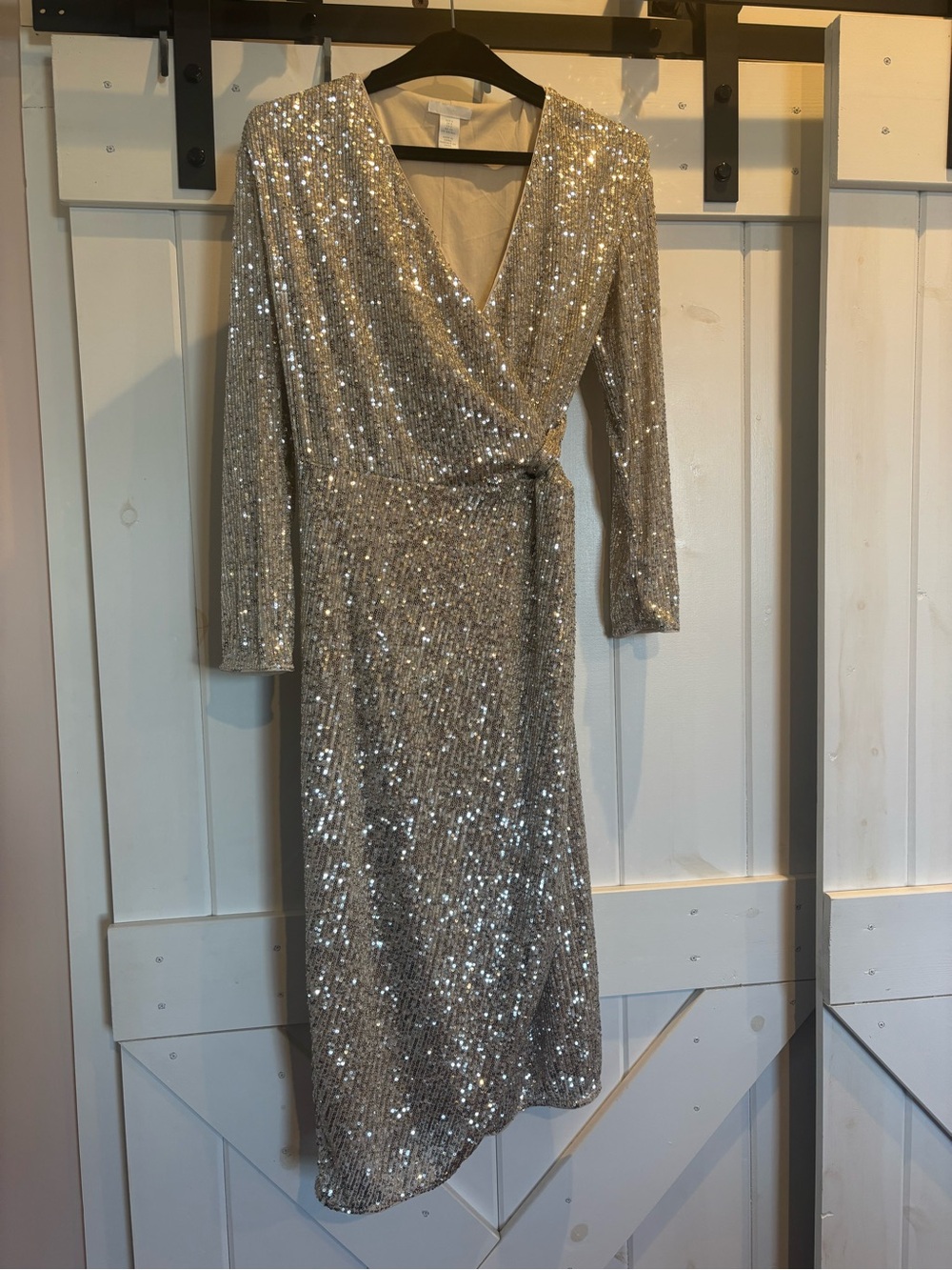 H&M Silver Sequin Wrap Midi Dress, Size S